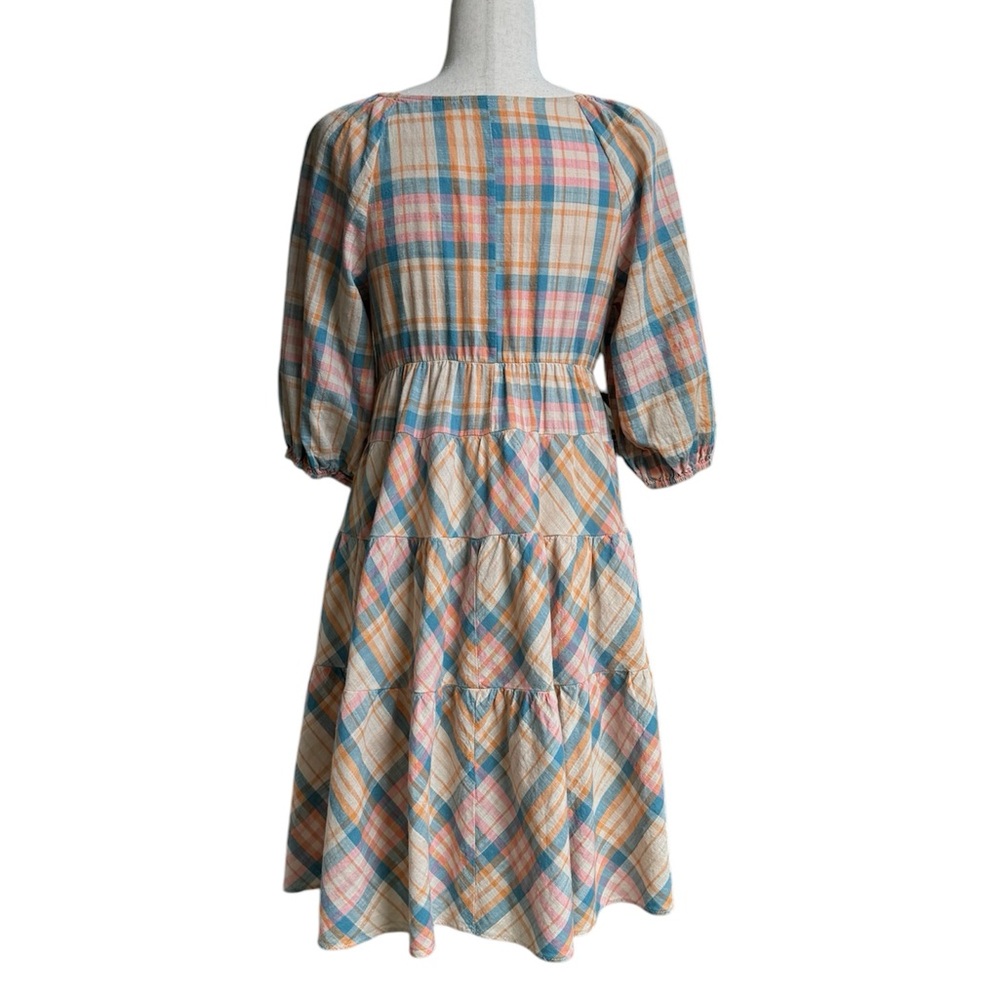 Drew Puff Sleeve Cottage Tiered Midi Dress Plaid Tan Pink Blue Multi Sz S - Picture 2 of 11